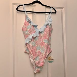 Caden Lane women’s ruffled one-piece swimsuit in ocean pearl